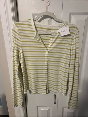 American Eagle Outfitters White and Light Green Striped Button Front Top